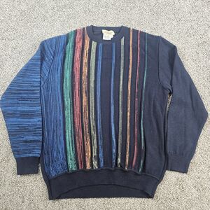 Montechiaro Sweater Mens L Black Colorful Striped Crewneck Italian Textured Y2K